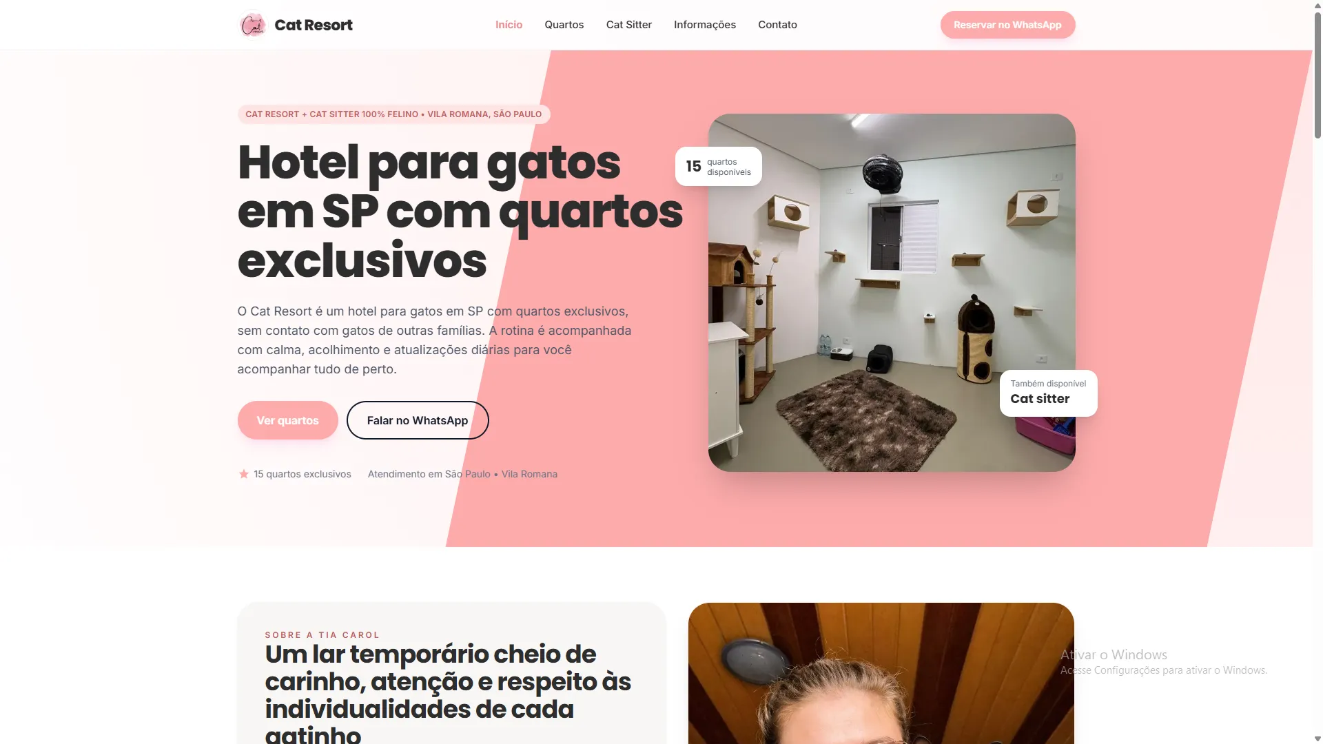 Tela do site Cat Resort com hero em tons rosados e destaque para o quarto do hotel felino.